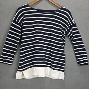 Talbots Sweater Womens Medium Blue White Striped Cotton Knit Side Slit Authentic